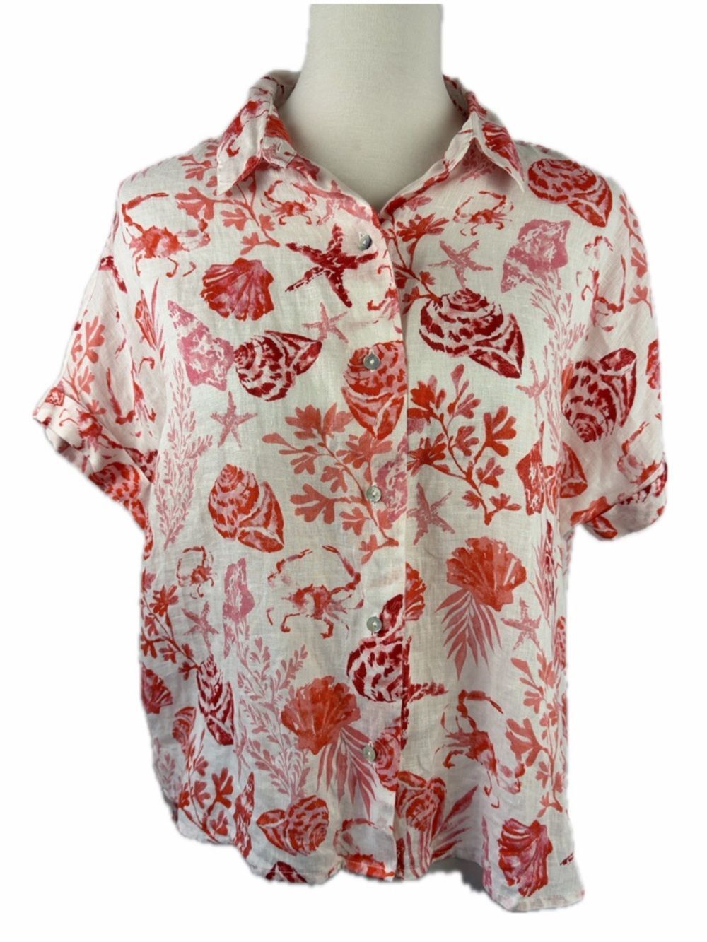 C&C 100% Linen Seashell Tropical Print Boxy Button Down Top Sz M Cabana Retro
